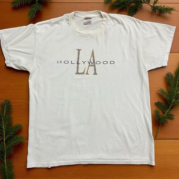 Oneita Vintage 90s Single Stitch Hollywood LA White Travel T-Shirt Mens XL - Picture 1 of 8